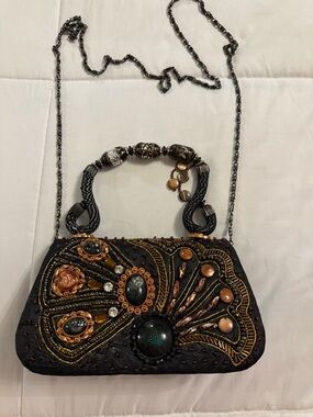 Black Beaded Embellished Evening Clutch with Copper Accents